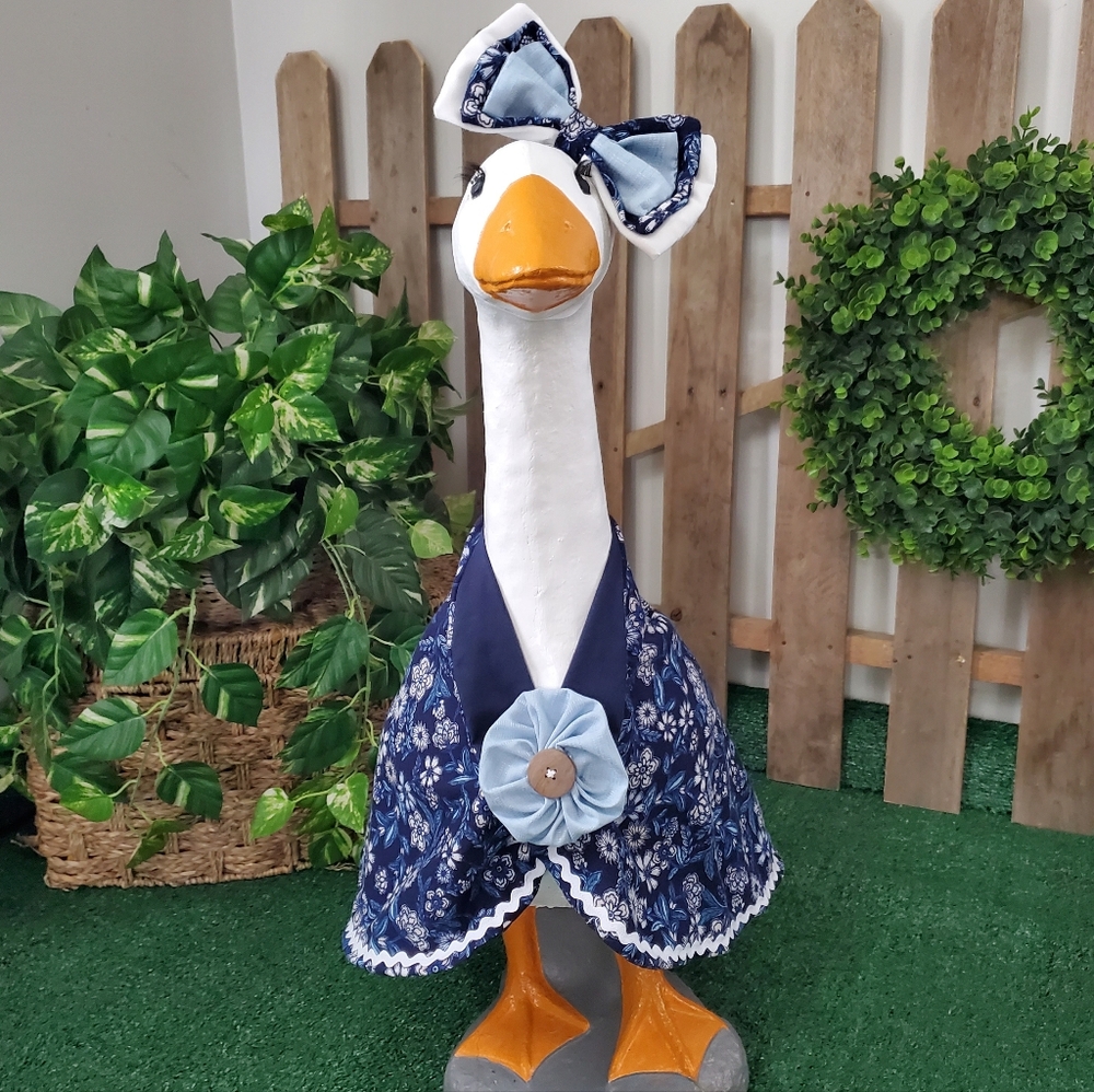Porch Goose Blue Floral Goose Outfit with Bow For Large Concrete Goose